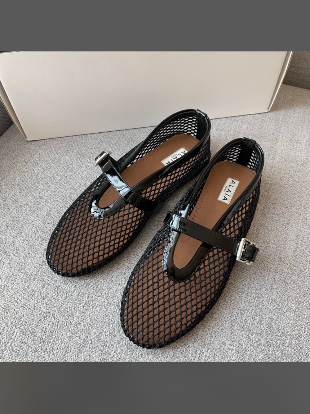 Alaïa Black Mesh Mary-Jane Flats with Patent Strap